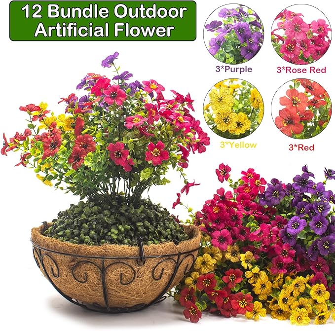 2 Set Artificial Outdoor Flowers with Hanging Basket, 2 Hanging Planters with 24 Pcs Flowers for Spring Summer Front Porch Garden Patio Home Decor