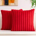 Pack of 2 Faux Fur Fall Throw Pillow Covers 24x24 Inch, Soft Plush Striped Neutral Couch Pillow Cover, with Velvet Back Modern Home Decor for Sofa Living Room Couch Bed Red