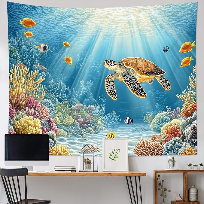 HVEST Blue Ocean Sea Turtle Tapestry Coastal Under the Sea Tropical Fish Coral Wall Tapestry for Bedroom Underwater World Sea Life Tapestries Wall Art Decor for Living Room Dorm, 70.9L x 92.5W Inches