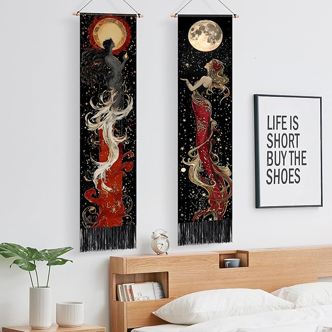 AOHMPT Pack of 2 Long Vertical Tapestry,Nature Landscape Tapestry with Serene Mountain River, Moon & Sun Motifs,Traditional Ink Painting Wall Art , Zen Aesthetic Wall Hanging for Living Room Bedroom Decor 13" W x 51" H"