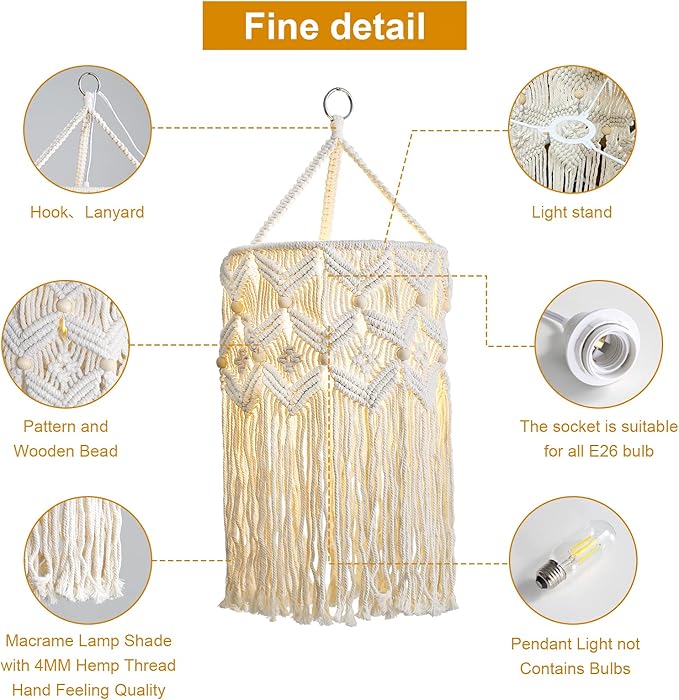 Bioaqua Boho Lamp Shade,Macrame Pendant Light Shade, Handmade Boho Light fixtures Hanging Lights with Plug in Cord,Boho Hanging Lamp for Living Room Bedroom(Type 2)