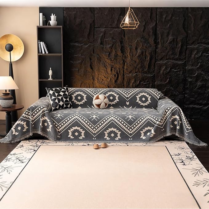 VClife Bohemian Tribal Sofa Cover Gray White Aztec Geometric Pattern Couch Cover for 3-4 Cushion Couch Sofa - Non Slip Sectional Slipcover Decorative Furniture Protector for Home Decor 71" X 150"