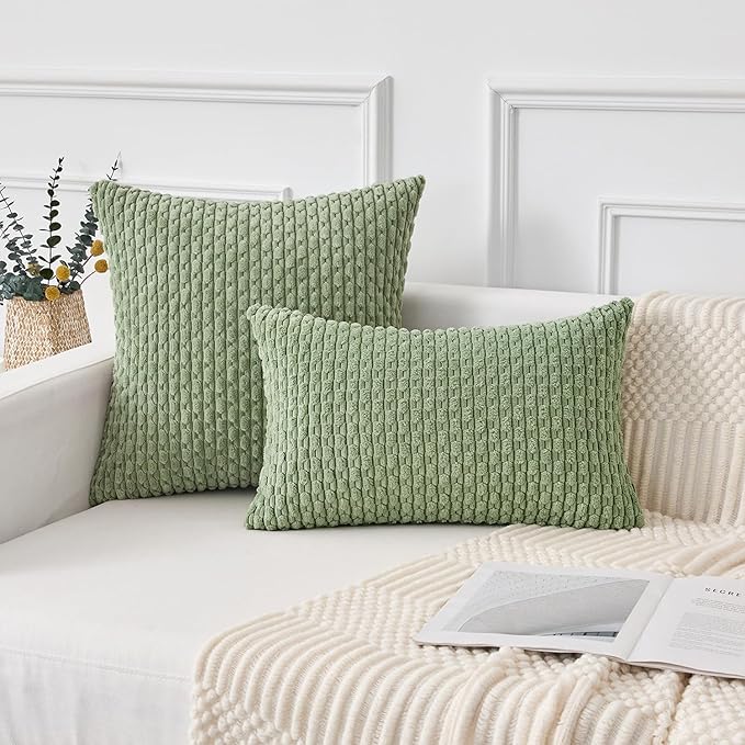 Kevin Textile Spring 12x20 Inch Pillow Cover 1 Pack Boho Decorative Soft Striped Corduroy Lumbar Farmhouse Solid Color Accent Rectangle Cushion Case for Living Room Couch Sofa Bed, Sage Green