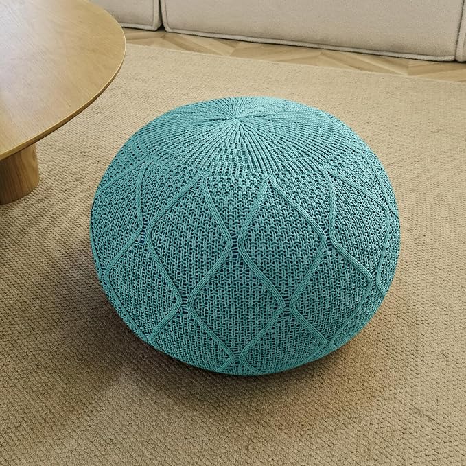 ARTPLAN Outdoor Round Pouf Ottoman Hand Knitted 100% Olifen Pouf Foot Stool, Foot Rest for Couch, Home Decor Pouffe Stuffed Pouf Floor Chair for Living Room, Bedroom,Lounge and Restroom,Sky Blue