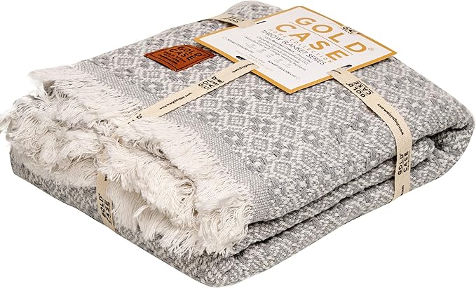 Gold CASE Throw Blanket for Couch – 100% Recycled Cotton – Retro Throw Blankets for Living Room, Bed, & Outdoor – Decorative Boho Blankets & Throws – Soft Couch Drape – Grey (60”x80”)
