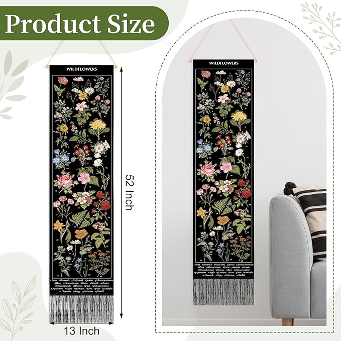 Geetery Vintage Floral Vertical Tapestry Wall Hanging Decor Long Flower Narrow Botanical Fabric Wall Art Hanging Reference Illustrative Tassel Tapestry for Bedroom Living Room Home Decor Gift(Black)