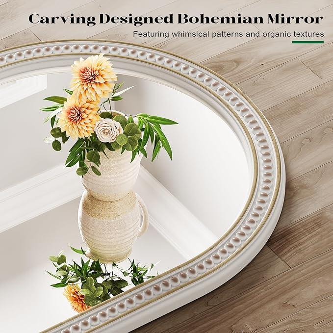 Farmhouse Arched Wall Mirror, 24" x 36" Arched Boho Mirror with Beaded, Arch Rustic Wooden Frame Decorative Wall Mirrors for Bathroom, Vanity, Living Room, Entryway