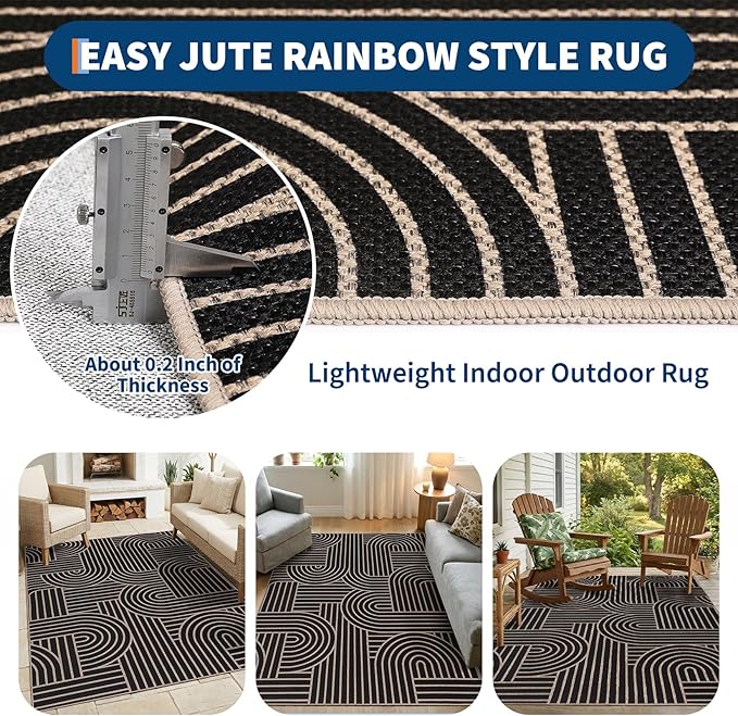 GarveeHome Modern Rainbow Easy Jute 3x5 Rug, Indoor/Outdoor Patio & Entryway Mat, Washable Non-Slip Carpet for Mudroom, Farmhouse Decor and Front Door