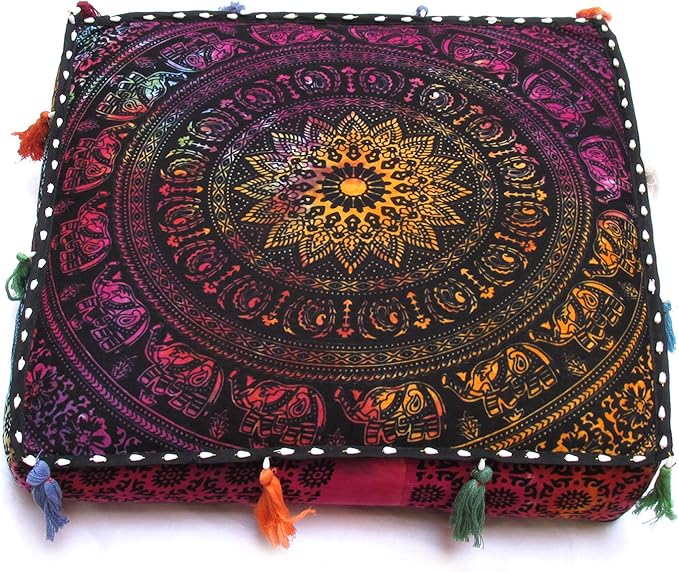 Large Hippie Mandala Round Floor Pillow Cover Ottoman Pouf Cover Daybed Cotton Cushion Cover with Heavy Duty Zipper Seating Ottoman Poufs Dog-Pets Bed (MUlti Elephant Flower, 18" Square)