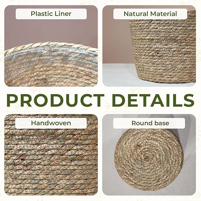 Set of 3 Woven Seagrass Planter Baskets – Handwoven Decorative Storage Baskets for Indoor Plants, Boho Home Decor, Living Room & Entryway Display – No Handle Design