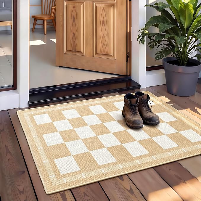 Vasofe Washable Small Entry Rug, 2x3 Checkered Jute Rugs Outdoor Indoor Front Door Mat, Non-Slip Bedroom Entrance Doorway Kitchen Mats, Plaid Farmhouse Porch Carpet, Khaki and White