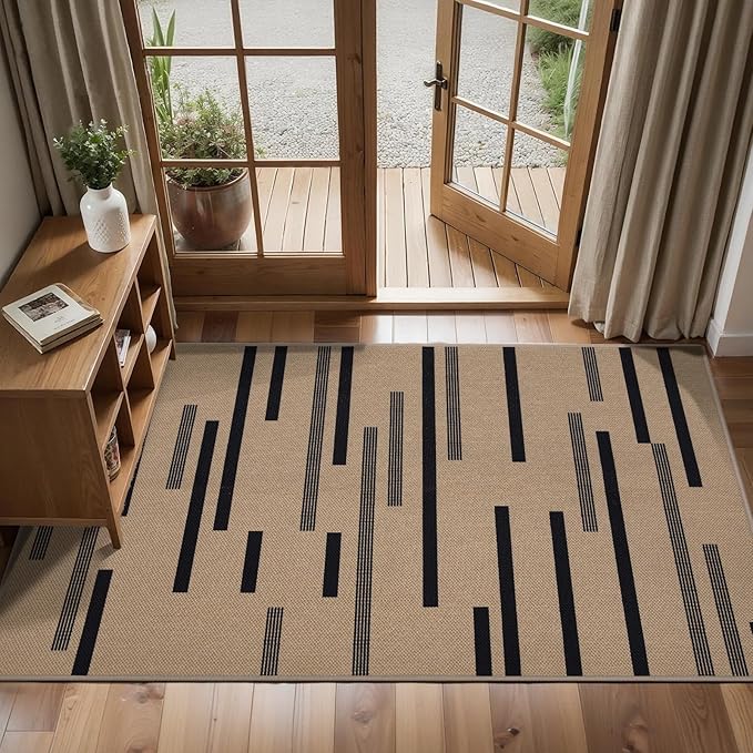 Tangsoo Modern Easy Jute 2x4 Rug for Entryway,Washable Thin Outdoor Door Mat,Non-Slip Indoor Floor Carpet Farmhouse Irregular Stripe Small Throw Mat for Kitchen Hallway Bedroom Front Porch Entrance
