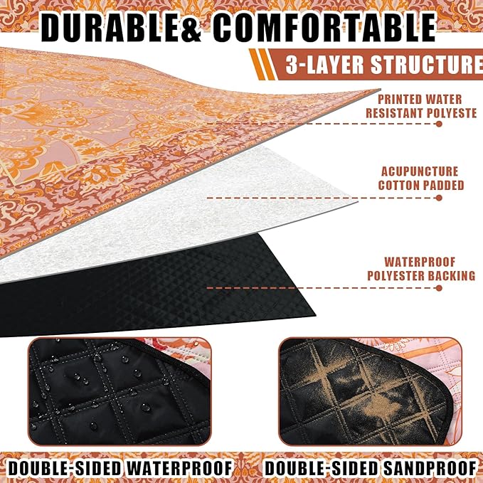 Boho Picnic Blankets 80''x 80'' Extra Large Beach Blanket Waterproof Sandproof Foldable Machine Washable Vintage Grass Lawn Park Mat for Family Camping Party Music Festival