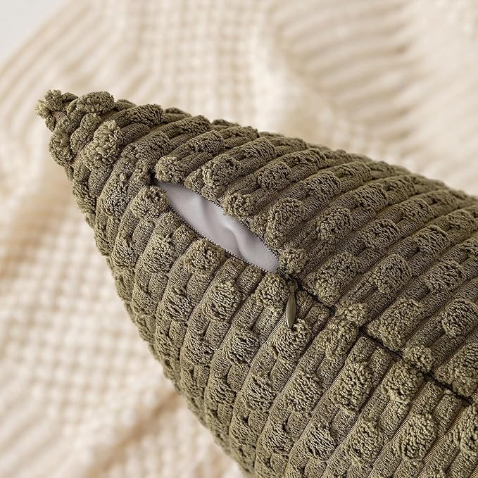 Kevin Textile 20x54 Inch Long Body Lumbar 1 Pack Boho Decorative Throw Pillow Cover Soft Striped Corduroy Rectangle Cushion Case Farmhouse Accent for Living Room Couch Sofa Bed, Olive Green