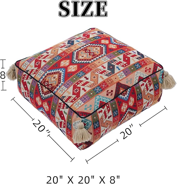 Boho Unstuffed Pouf Cover Ottoman Footrest Indian Mexcian Foot Stool Floor Bean Bag Floor Chair Storage for Living Room Bedroom Decor (Boho Red, Square)