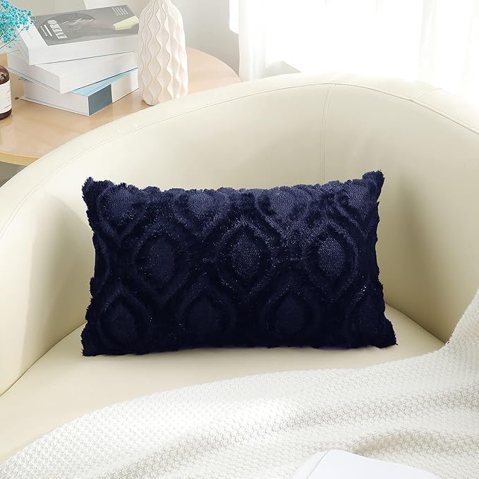 decorUhome Cozy Textured Throw Pillow Covers 12x20 Inch Set of 2, Soft Plush Faux Wool Navy Blue Accent Couch Pillow Covers for Modern Farmhouse Sofa Bed Living Room