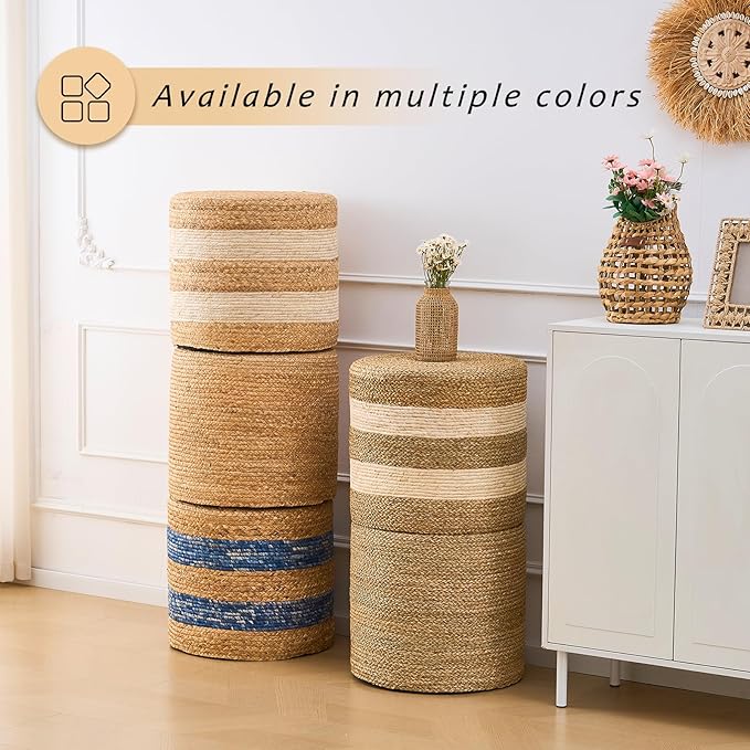 Handwoven Ottoman Pouf, Natural Water Hyacinth Footstool, Round Braided Outdoor Seat with Sturdy Frame, Boho Accent Stool for Patio, Balcony, or Garden (White)
