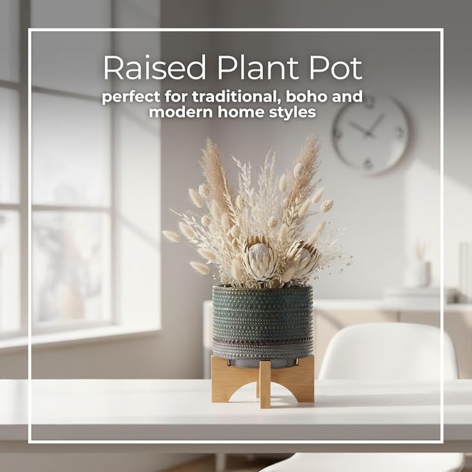 Dotted Decorative Planter Pot with Wood Stand – Ceramic Stoneware Outdoor & Indoor Plant Pot with Drainage Holes – Modern Garden & Home Decor Ceramic Planters & Bamboo Wood – 8", Sage Green
