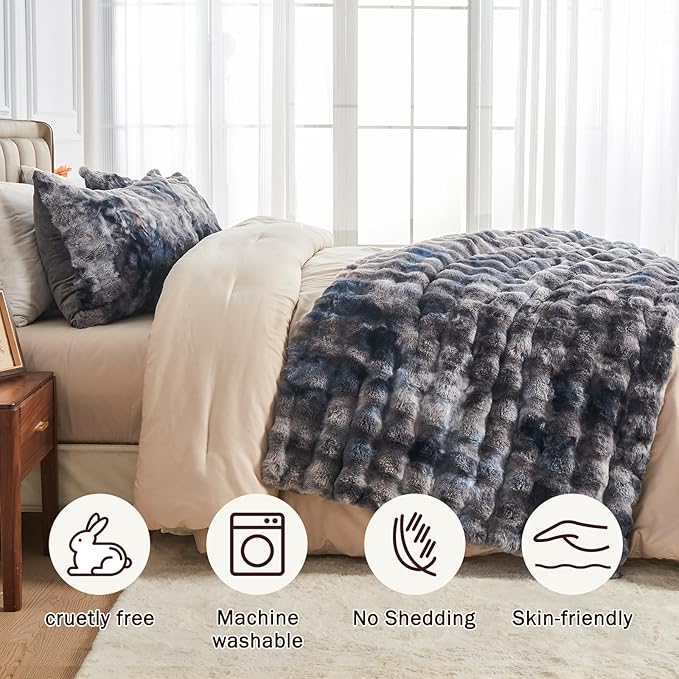 EMME Faux Fur Blanket Twin Size Tie-Dye Dark Gray - Big Bubble Rabbit Cozy Blanket for Couch, Thick Furry Plush Shaggy Blankets, 650GSM, 60x80 Inches