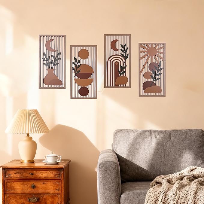 Orange Boho Wall Art Set of 4, Abstract Geometric Wooden Terracotta Wall Decor, Mid-Century Modern Aesthetic Artwork with Arch, Vase & Botanical Design for Modern Home Decor for Bedroom, Office & Living Room(B)