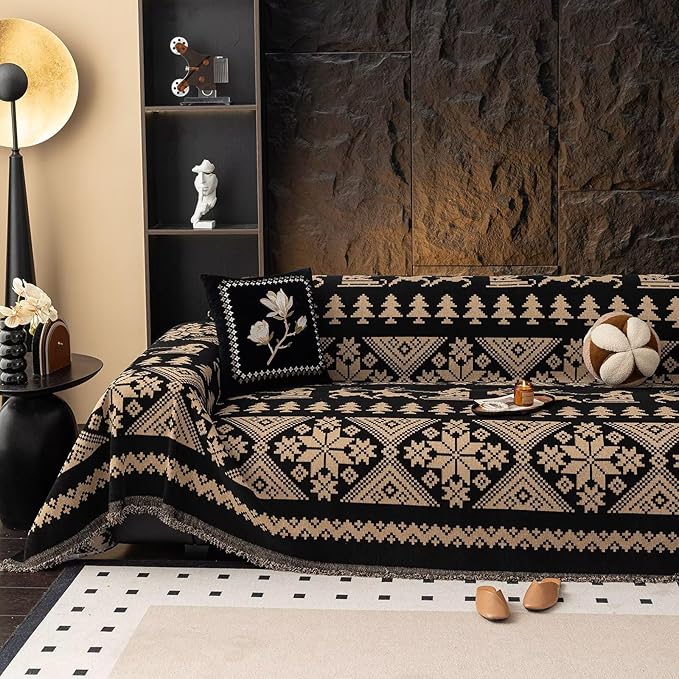 VClife Boho Couch Cover for Sofa, Anti Slip Chenille Sofa Cover for Sectional Sofa - 1 Piece Black Khaki Geometry Jacquard Sofa Slipcover, Pet-Friendly Couch Cushion Cover with Tassel 71"x 134"