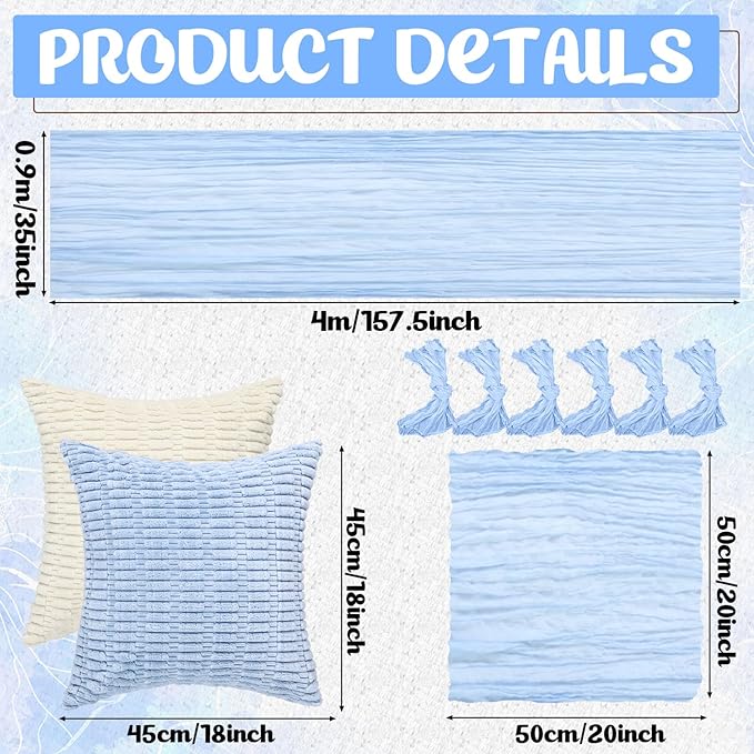 91 x 71 Extra Large Outdoor Boho Picnic Blanket with Table Runner Light Blue, 6 Throw Pillow Covers 6 Napkins Woven Cotton Yarn Oversize Beach Blanket Washable Picnic Camp Wedding