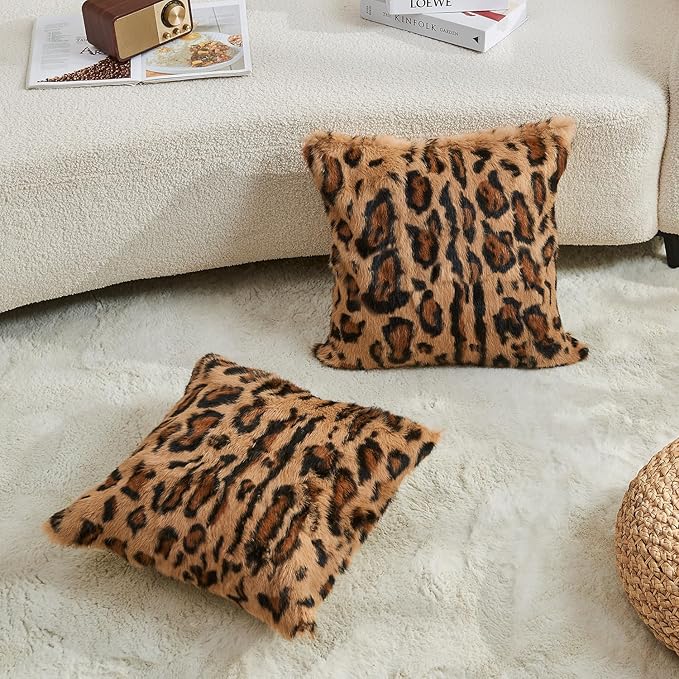 MOOX Rabbit Fur Throw Pillow Covers Decorative Fluffy Soft Fuzzy Plush Luxury Genuine Animal Skin Lumbar Pillow 18"x18" Cushion Cover, Leopard Print