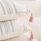Boho Throw Pillow Covers 18x18 Set of 2 Cotton Woven Tufted Farmhouse Pillows Covers with Tassels Outdoor Neutral Pink Decorative Pillowcases Square Textured Accent Cushion Cases for Couch Bed Sofa