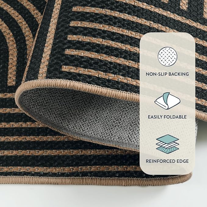 Lahome Enfys Modern Geometric Outdoor Easy Jute Rug, 5x7 Patio Living Room Rug Large Black Carpet for Bedroom, Farmhouse Washable Indoor Outdoor Carpet for Dining Room Backyard Deck