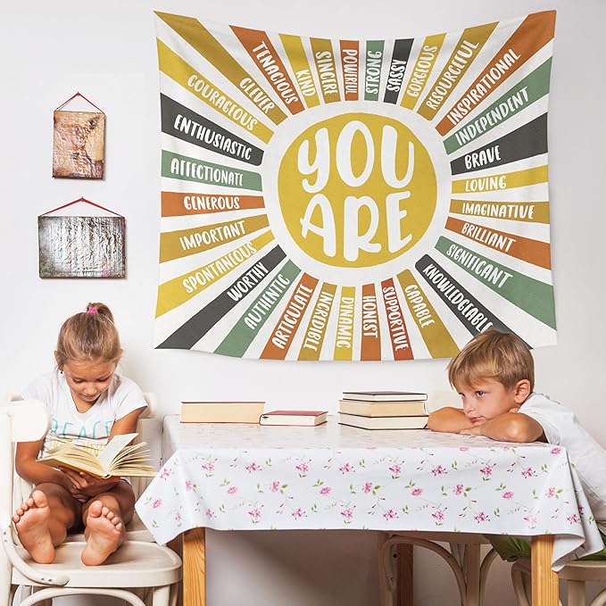 WARDOS Boho Colorful Sunshine Tapestry, You Are Inspirational Tapestry Wall Hanging, Colorful Boho Sun Positive Affirmation Wall Blanket Decor for Kids Room Nursery Playroom Classroom, 50x60 Inch