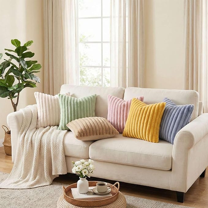 Pallene Faux Fur Plush Throw Pillow Covers 26x26 Set of 2, Luxury Soft Fluffy Striped Decorative Pillow Covers for Sofa, Couch, Living Room, Blush Pink