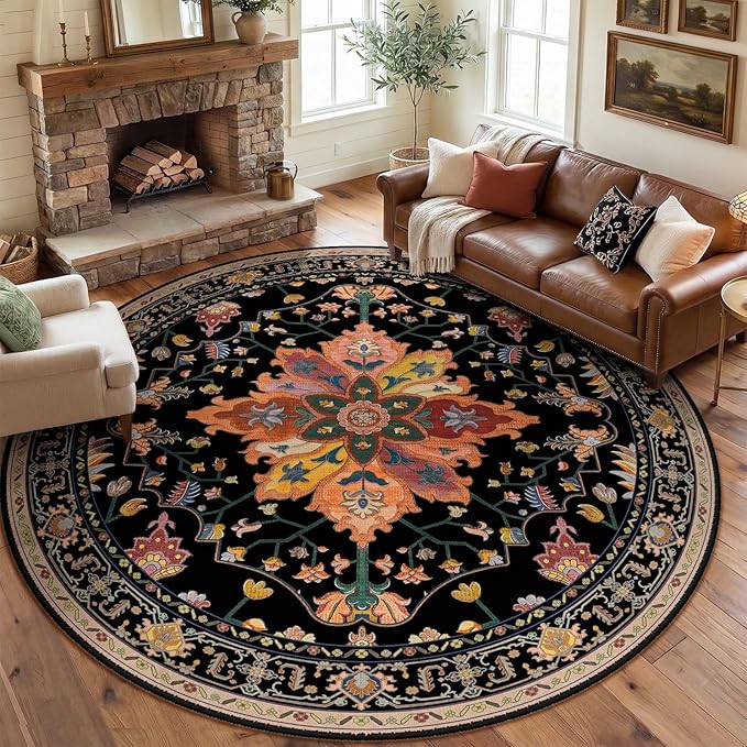 Area Rugs 8ft Washable Non-Slip, Floral Vintage Distress Print Pattern Medallion Carpet for Living Room Bedroom Dining Room, Black Colorful Floral Dark Tan