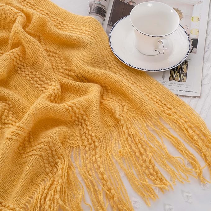 BATTILO HOME Mustard Throw Blanket with Fringe Geometric Bed Yellow Throws Summer Breathable Decorative Large Throw for Couch Sofa Indoor Outdoor (Yellow, 50"x60")