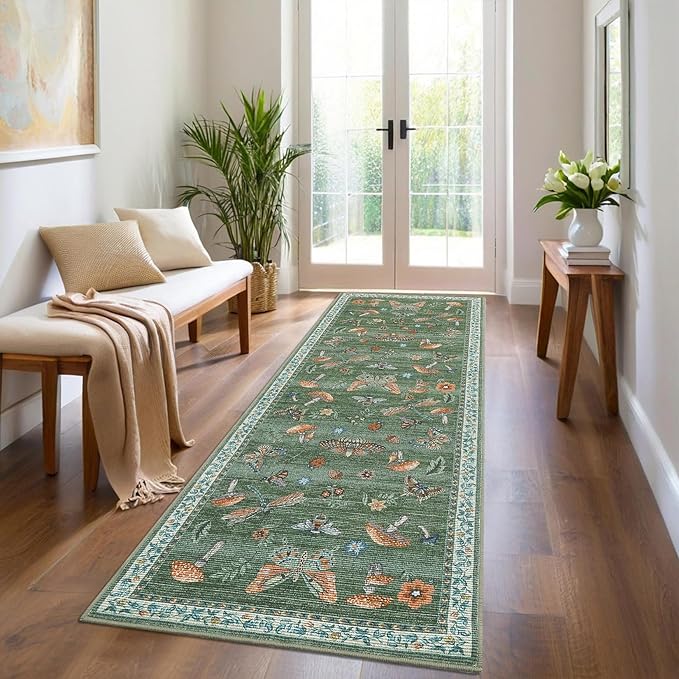 Mushroom Insect Rug 2x6 Runners for Hallways, Boho Kitchen Runner Rugs Non Slip Bath Runner, Modern Washable Runner Rug for Bedroom, Soft Long Rugs for Entryway Bathroom Laundry Dorm, Blue