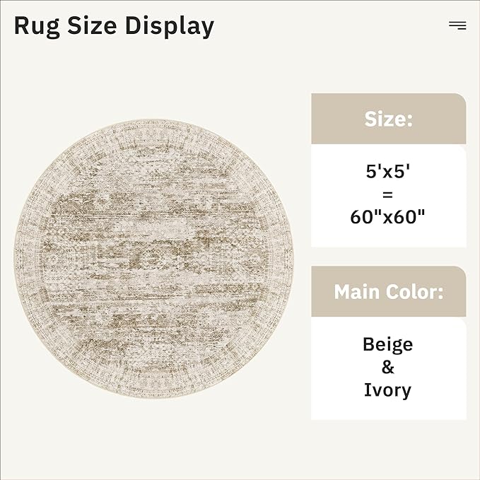 5x5 Brown Round Rug 5ft Living Room Circle Rug Vintage Round Area Rug Non Slip Indoor Carpet for Entryway Dining Room Bedroom