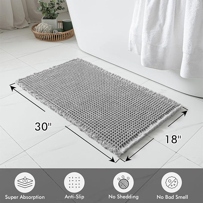 MIULEE Set of 2 Waffle Bathroom Rugs, Boho Bath Rugs Non Slip Washable, Super Absorbent Bath Mats, Ultra Soft Rubber Backed Shower Mats for Bathroom Floor, Tub and Shower, Light Grey, 18x30 Inch