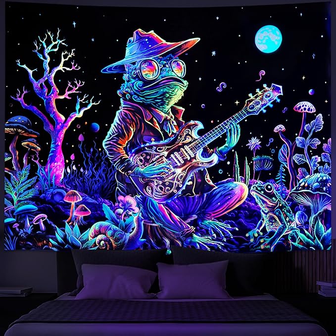 Galoker Blacklight Frog Tapestry Fantasy Neon Mushroom Tapestries UV Reactive Plant Floral Wall Tapestry Galaxy Space Tapestries Wall Hanging for Home Decor(H70.8×W92.5 inches)
