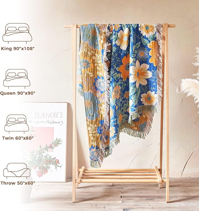 Boho Throw Blanket for Bed Cotton Spring Blankets for Bedroom Living Room Twin All Season Lightweight Floral Embroidery Quilt for Couch Sofa Chair 60"x80"