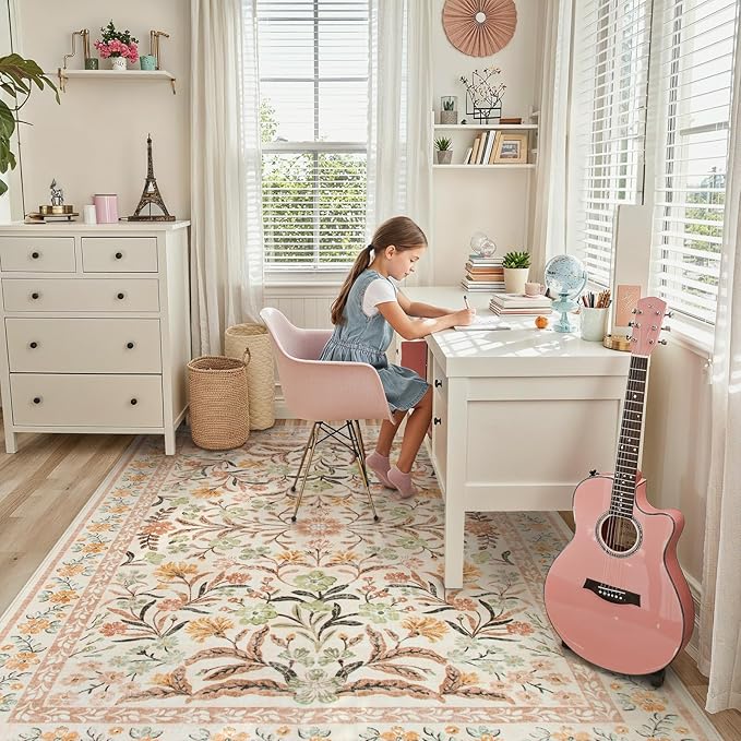 Lahome Sylvie Fall Floral Washable Area Rugs 8x10, Boho Living Room Large Rugs Non-Slip for Bedroom, Soft Rubber Backed Burnt Orange Carpet for Dining Playroom Decor, Ochre Fall
