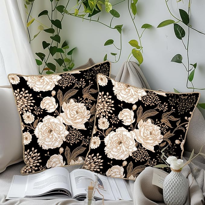 KSLIDS Vintage Peony Roses Floral Soft Velvet Throw Pillow Covers Set of 2 White Roses Flower Bloom Leaves Decorative Pillow Covers 16x16 Inch Black Gold Cream Pillow Case for Sofa Couch Home Decor
