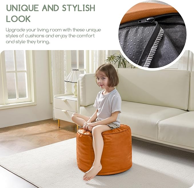 HIGOGOGO Round Stuffed Pouf Ottoman, Pu Leather Poufs with Foam Chunk Filling, Furry and Fluffy Pouf Foot Stool Storage Ottoman, 20 X 15 Floor Poufs Foot Rest for Living Room, Orange