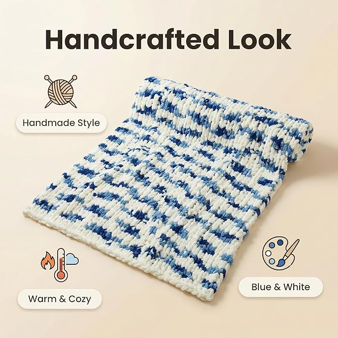 Amélie Home Chunky Knit Throw Blanket for Couch, Soft Chenille Crochet Blanket for Sofa, 50"x60", Space-Dyed Blue Striped