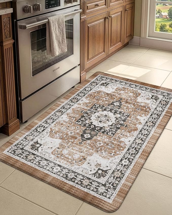 DEXI Kitchen Mats for Floor Cushioned, 23x35 Wide Runner Rug Non Slip, Waterproof Soft Comfort Standing Padded Anti Fatigue Decorative, Brown/White