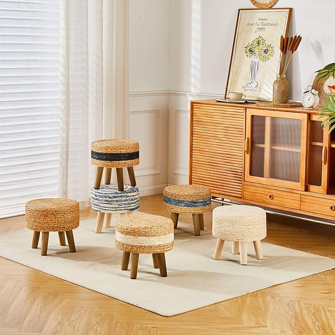 Cpintltr Round Ottoman Natural Seagrass Footstool Hand Weave Water Hyacinth Poufs Eco Friendly Sofa Foot Stool Soft Step Stool Padded Foot Rest with Pine Legs for Living Room (Natural White)