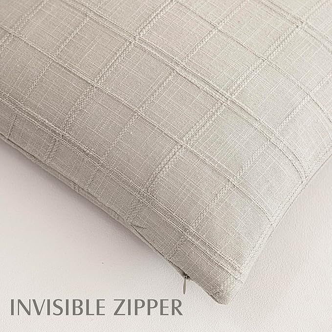Foindtower Set of 2 Decorative Linen Check Throw Pillow Covers Neutral Farmhouse Vintage Cushion Covers Modern Coastal Boho Home Decor for Sofa Chair Couch Bedroom Living Room,20×20 Inch,Light Grey