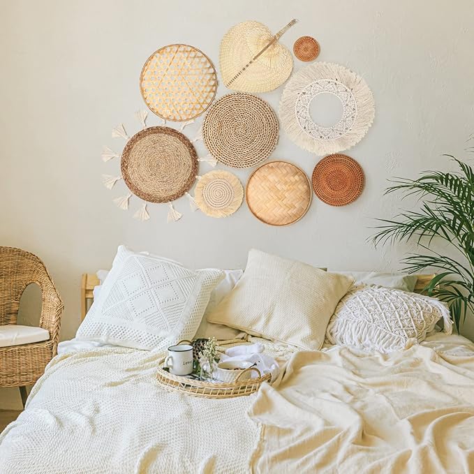 Set of 9 Wall Basket Decor Boho Wall Hanging Decor Rattan Wall Decor Flat Round Wicker Woven Macrame Tassels Tapestry Bamboo Wall Basket Serving Tray Art Handmade Set for Room Bedroom Living Room