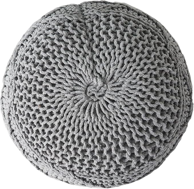 Knitted Cotton Round Pouf - 20x20, Modern Design, Soft Cotton, No Assembly, Porch Ottoman for Living Room, Gray, Ivory (Pouf - Gray)