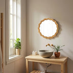 Boho Scalloped Rattan Round Mirror 24 Inches, Hanging Decorative Farmhouse Circle Mirror for Wall Decor Living Room Hallway Entryway, Handmade Coastal Circular Vanity Mirrors for Bathroom