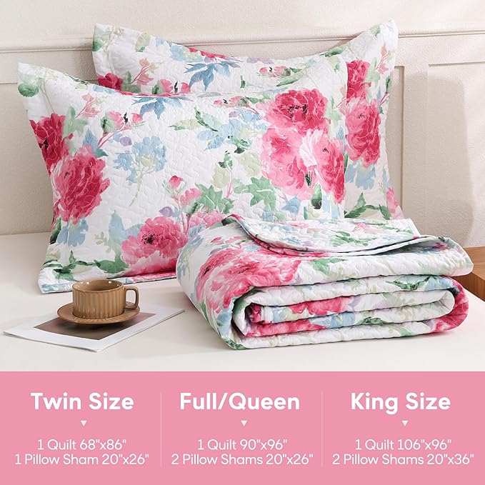 JSD Rose Floral Quilt Set Twin Size, 2 Piece Printed Bedspreads Coverlet with Pillow Sham, Soft Microfiber Quilted Blanket