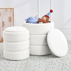 Round Ottoman with Storage Set of 2, Soft Teddy Velvet Upholstered Foot Stool Vanity Chairs, Support 330lbs Padded Seat Multifunctional Ottomans Footrest, Foot Rest for Living Room, White